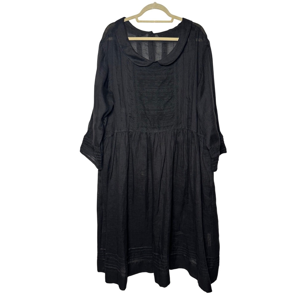 Meg by Design Black 100% Linen Lace Peter Pan Collar Smock Midi Dress Large